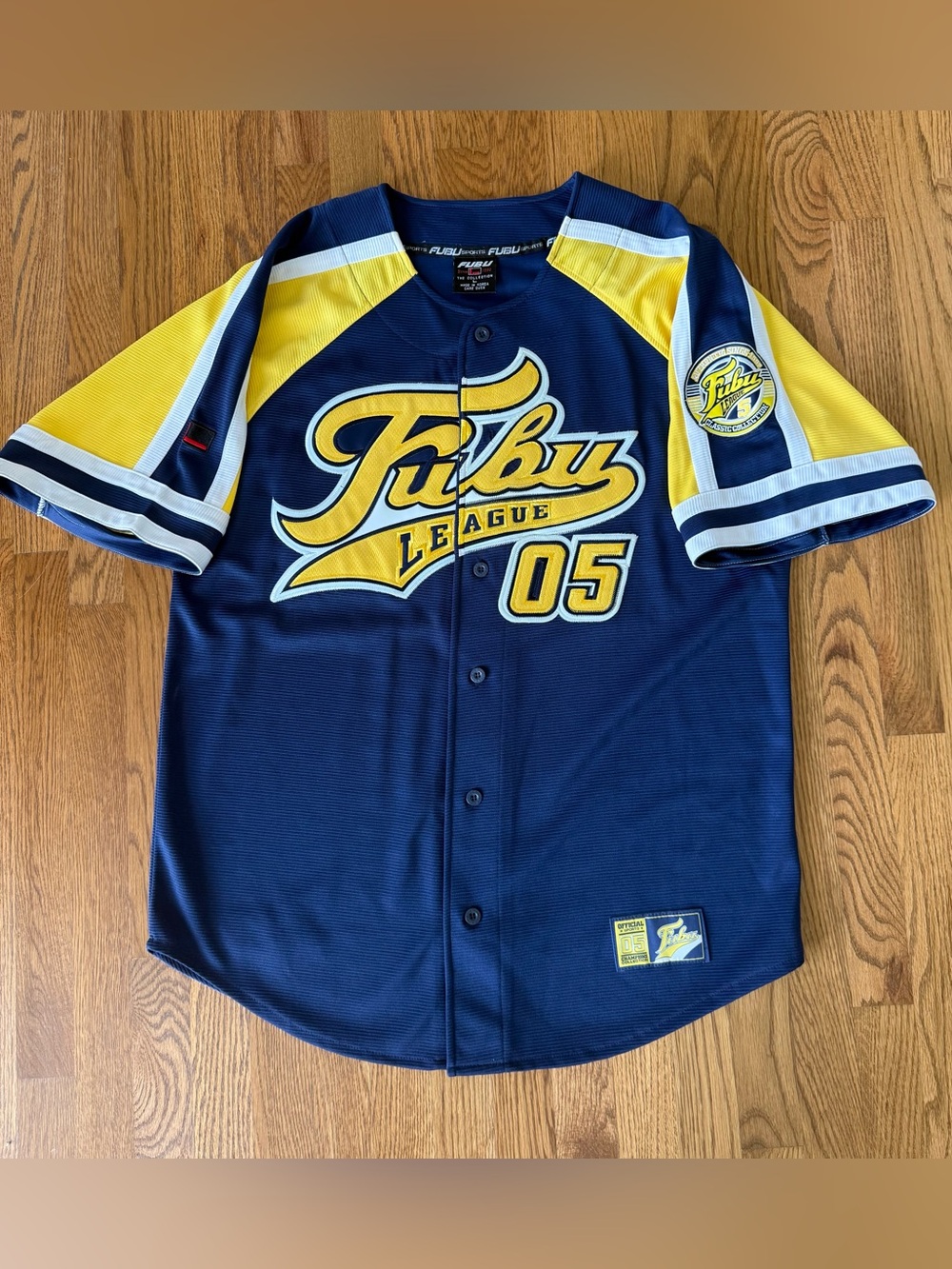 FUBU Sports Jersey Mens Large Navy Yellow League 05 Baseball Hip Hop Y2K